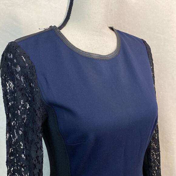 Rebecca Taylor Navy Lace Sleeve Fit and Flare Size XS Faux Leather Trim - Picture 3 of 10